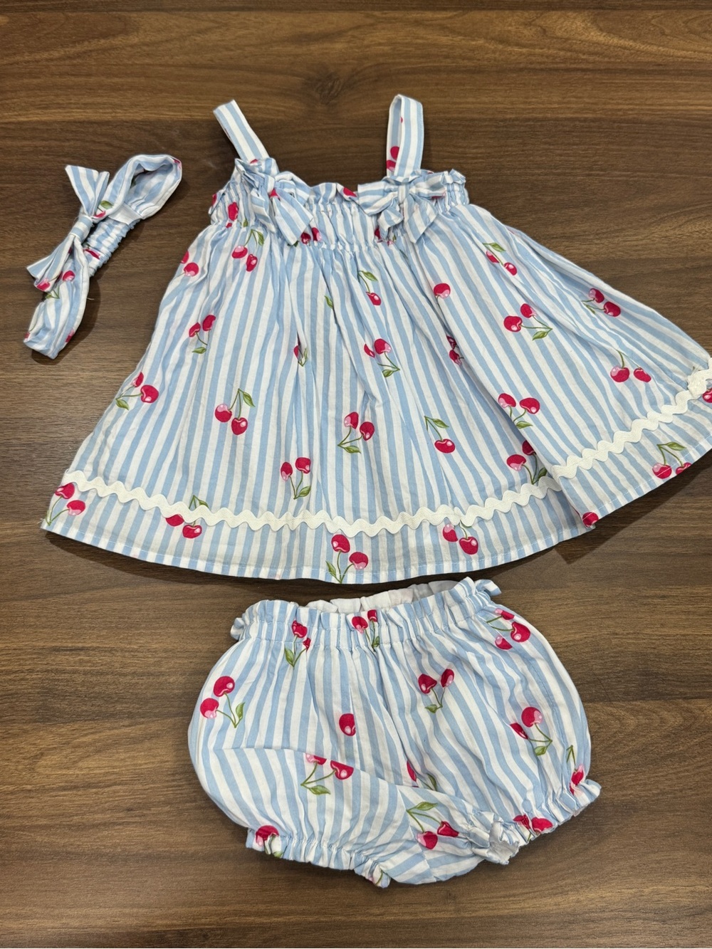 Rachel Zoe Blue & White Striped Cherry Dress Set with Headband